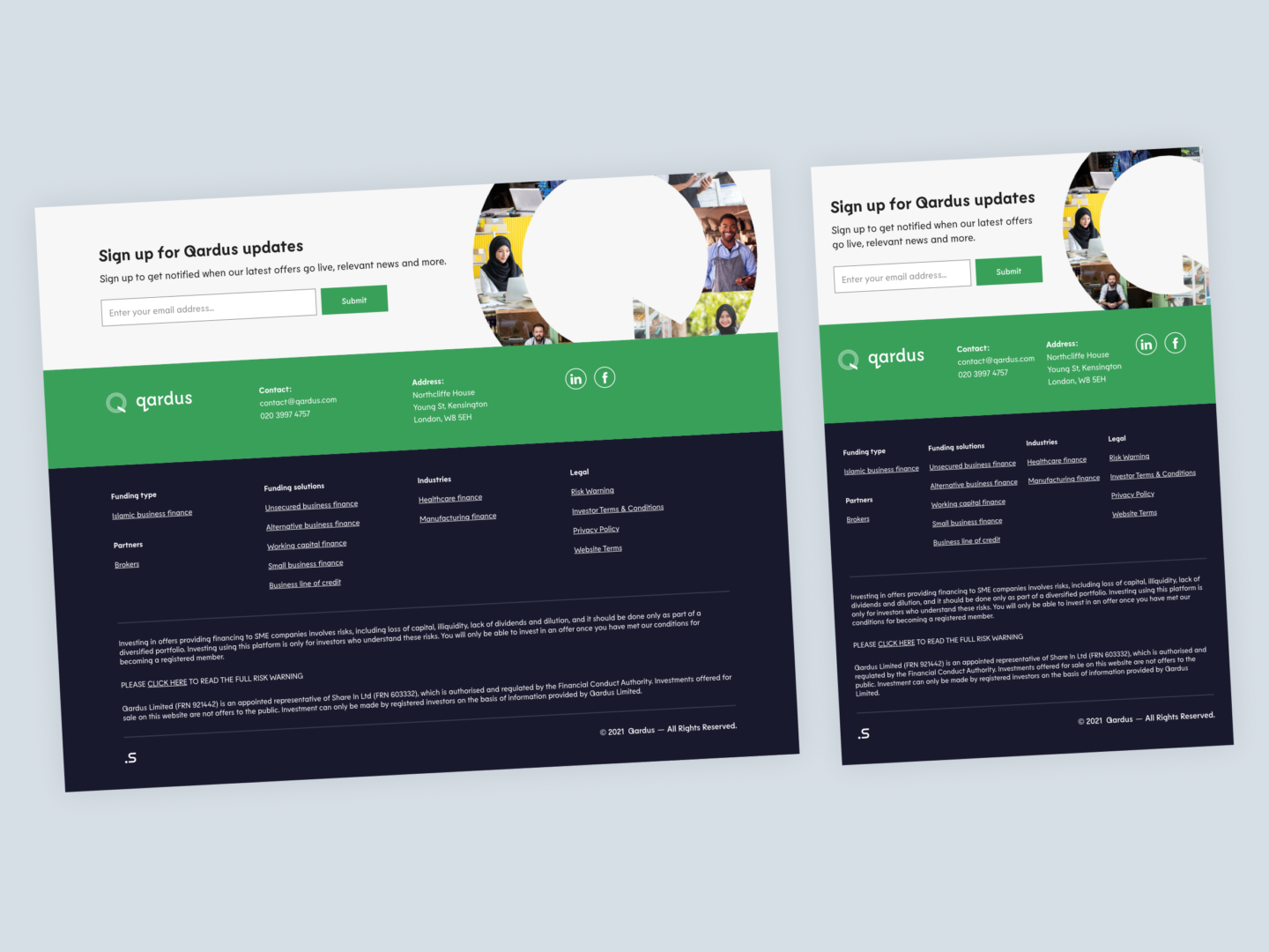 Qardus — newsletter signup and footer